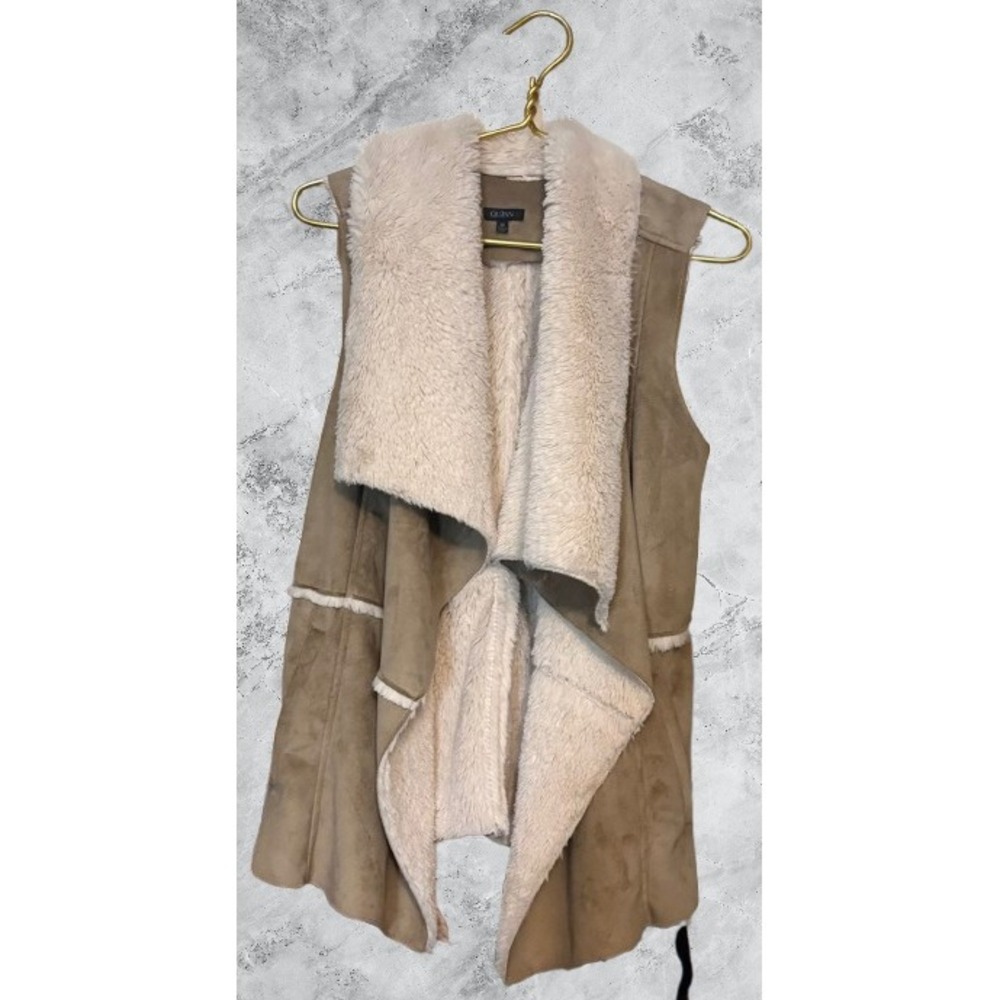 Quinn Womens Tan Faux Suede Shearling Fur Draped Open Front Vest Medium S752RFR